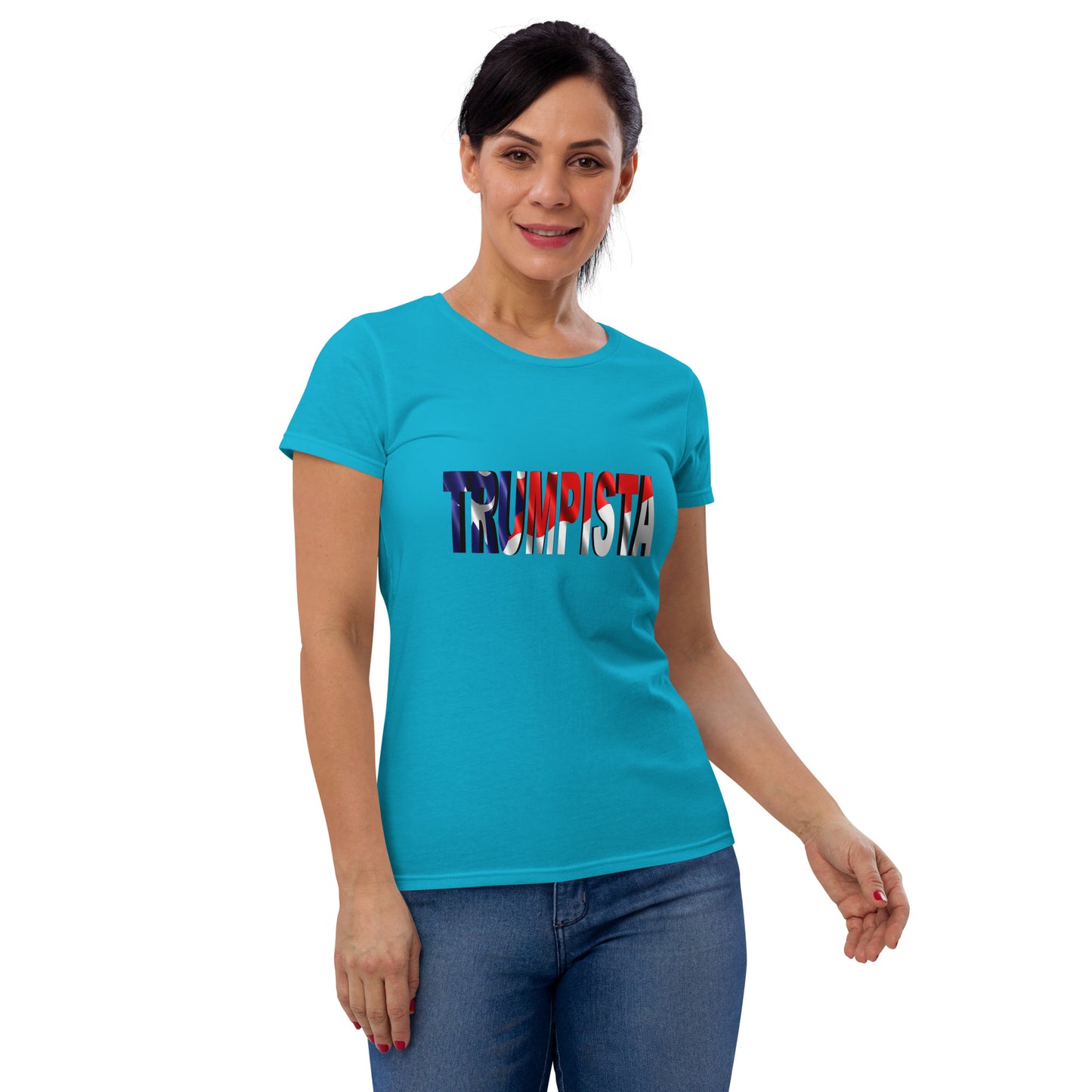 Women's short sleeve Waving Puerto Rican Flag tall lettering t-shirt