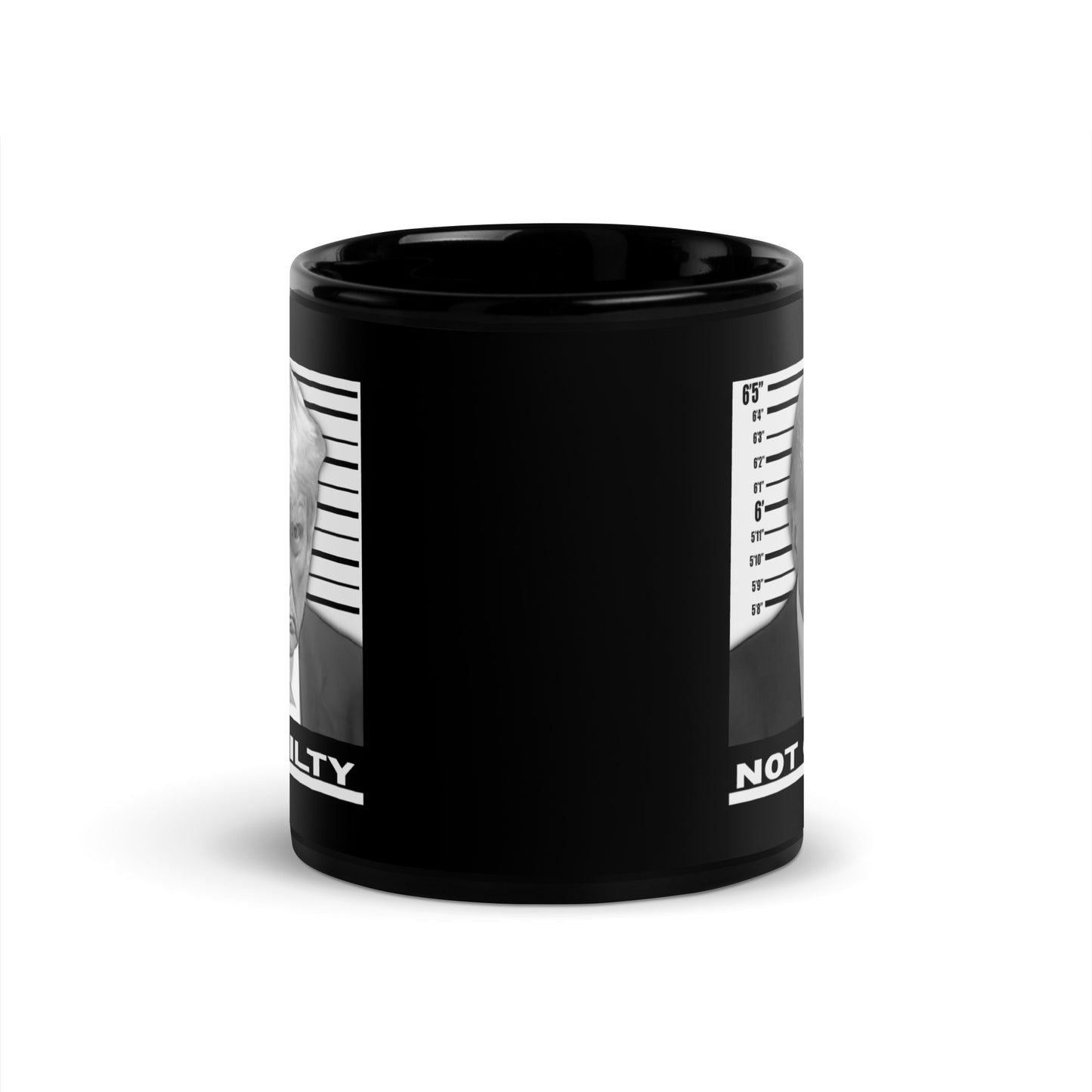 TRUMP MUGSHOT NOT GUILTY Black Glossy Mug