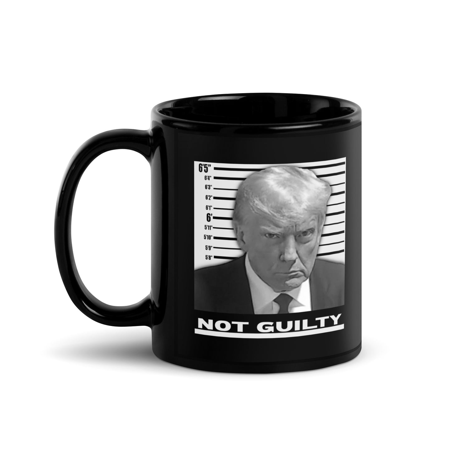 TRUMP MUGSHOT NOT GUILTY Black Glossy Mug