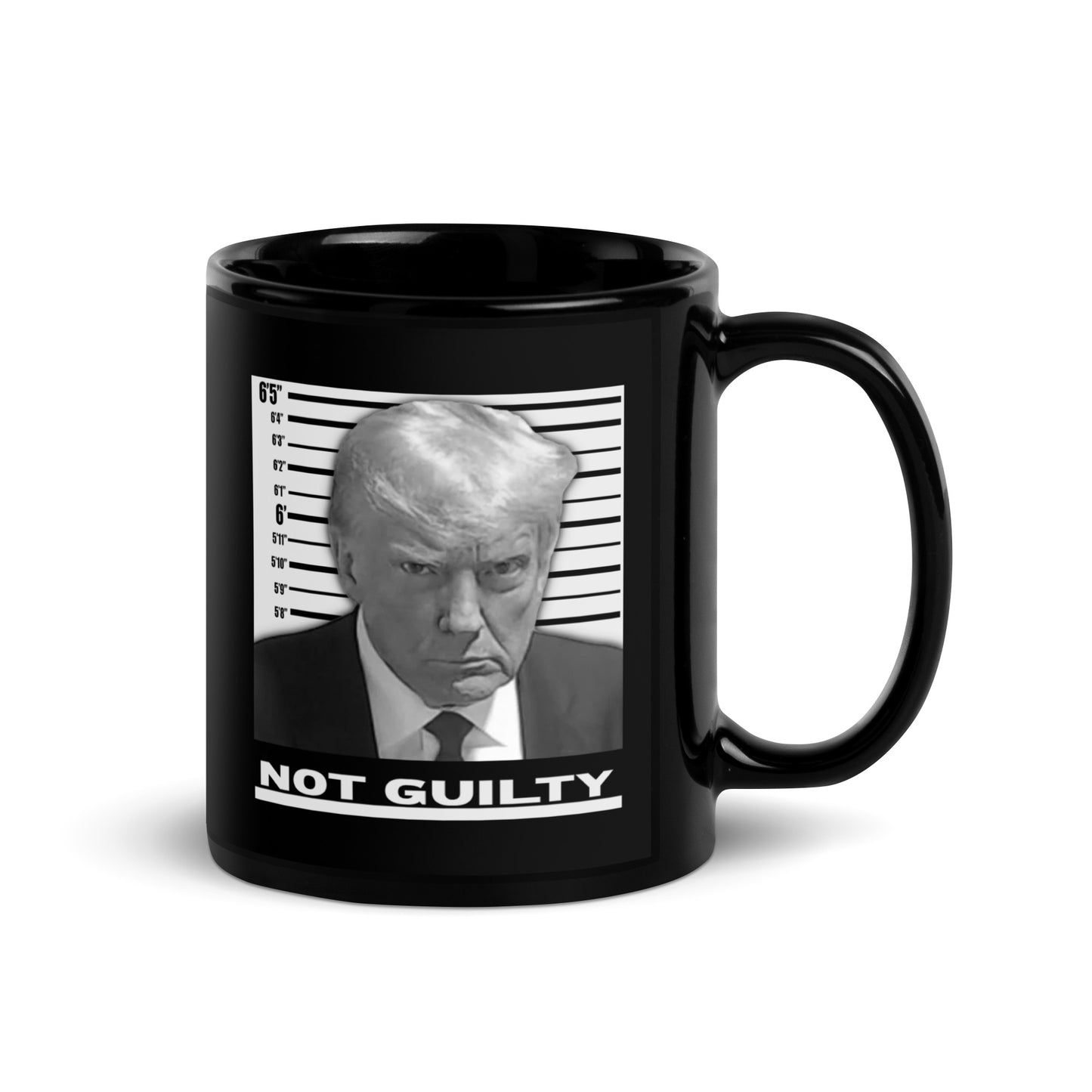 TRUMP MUGSHOT NOT GUILTY Black Glossy Mug