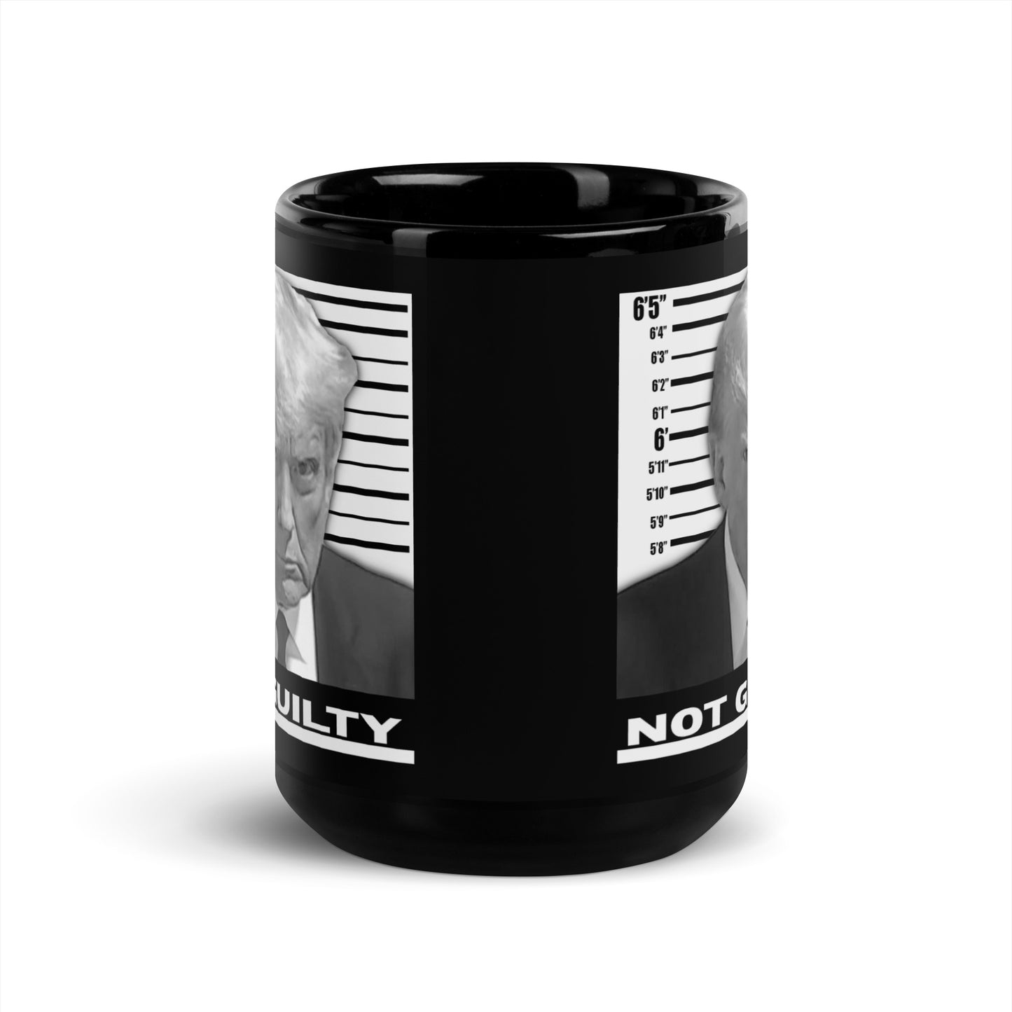 TRUMP MUGSHOT NOT GUILTY Black Glossy Mug