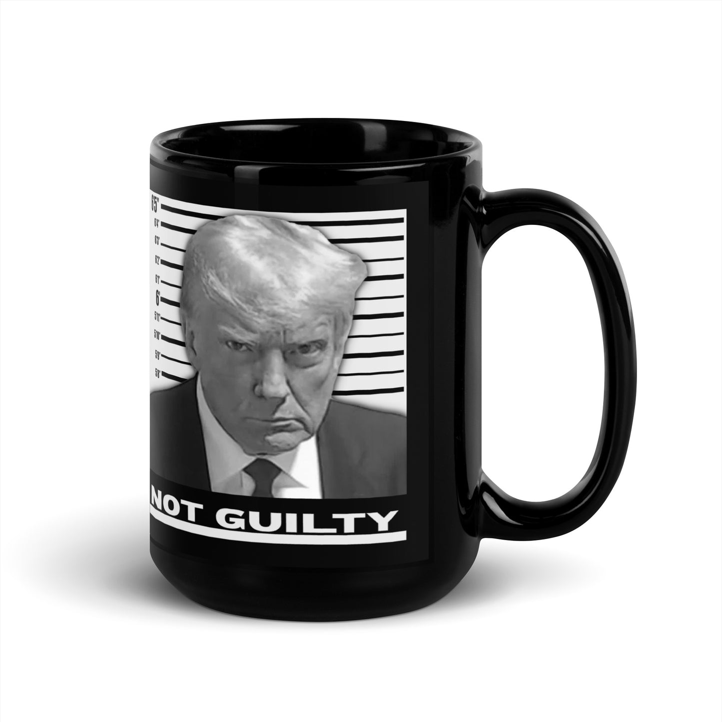 TRUMP MUGSHOT NOT GUILTY Black Glossy Mug