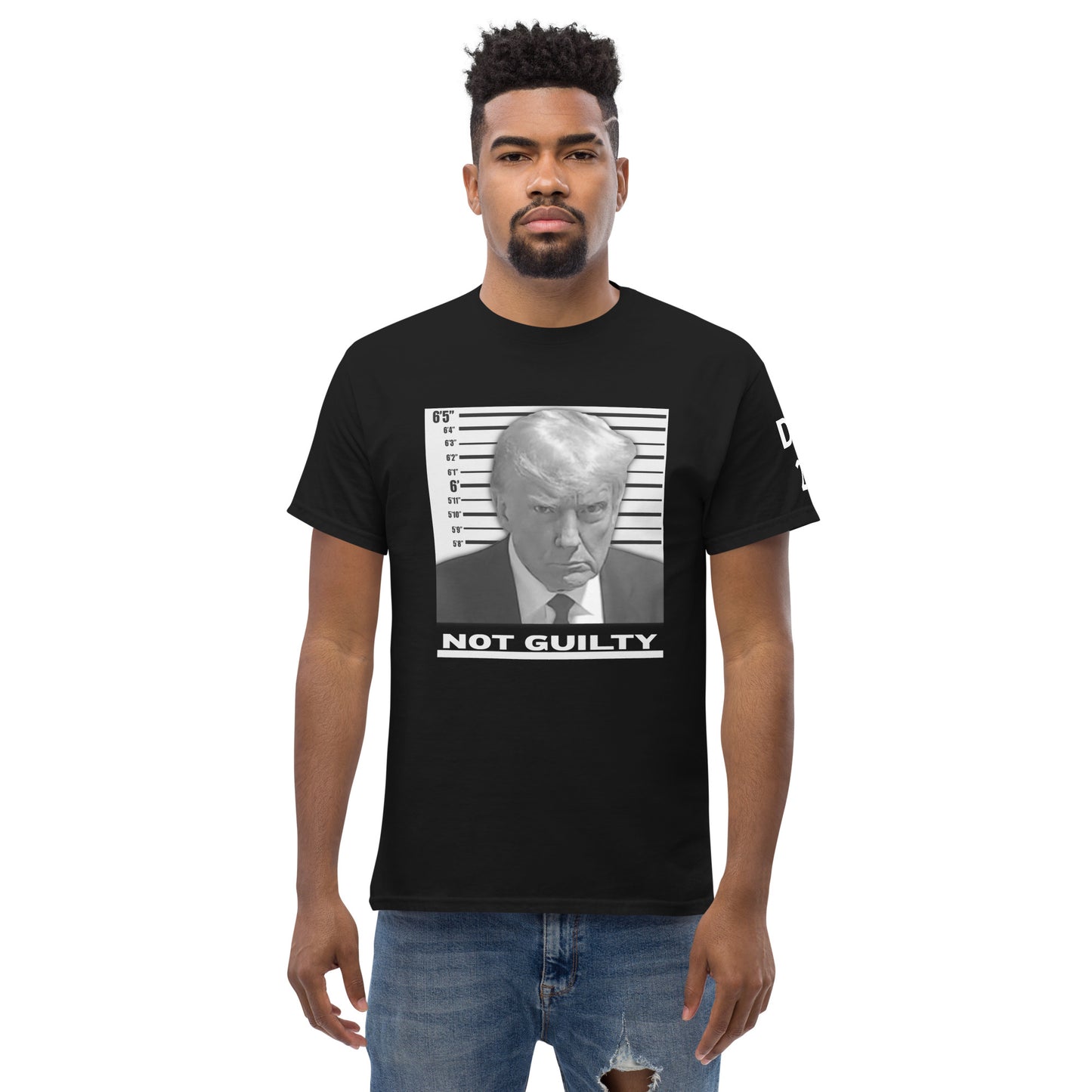 TRUMP MUGSHOT NOT GUILTY (DJT 24 ON SLEEVE) Men's classic tee