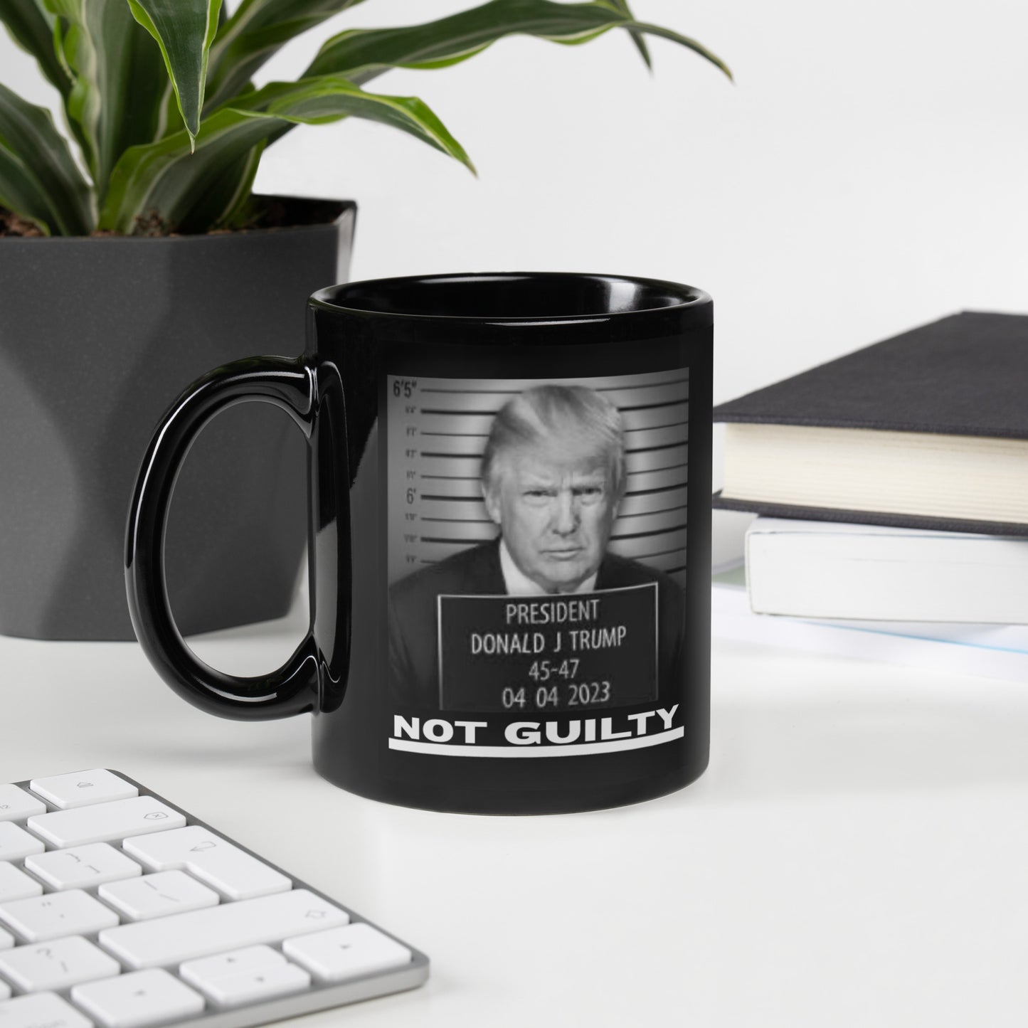 Trump Not Guilty "Faux" Mug Shot Black Glossy Mug (Gray Lettering)