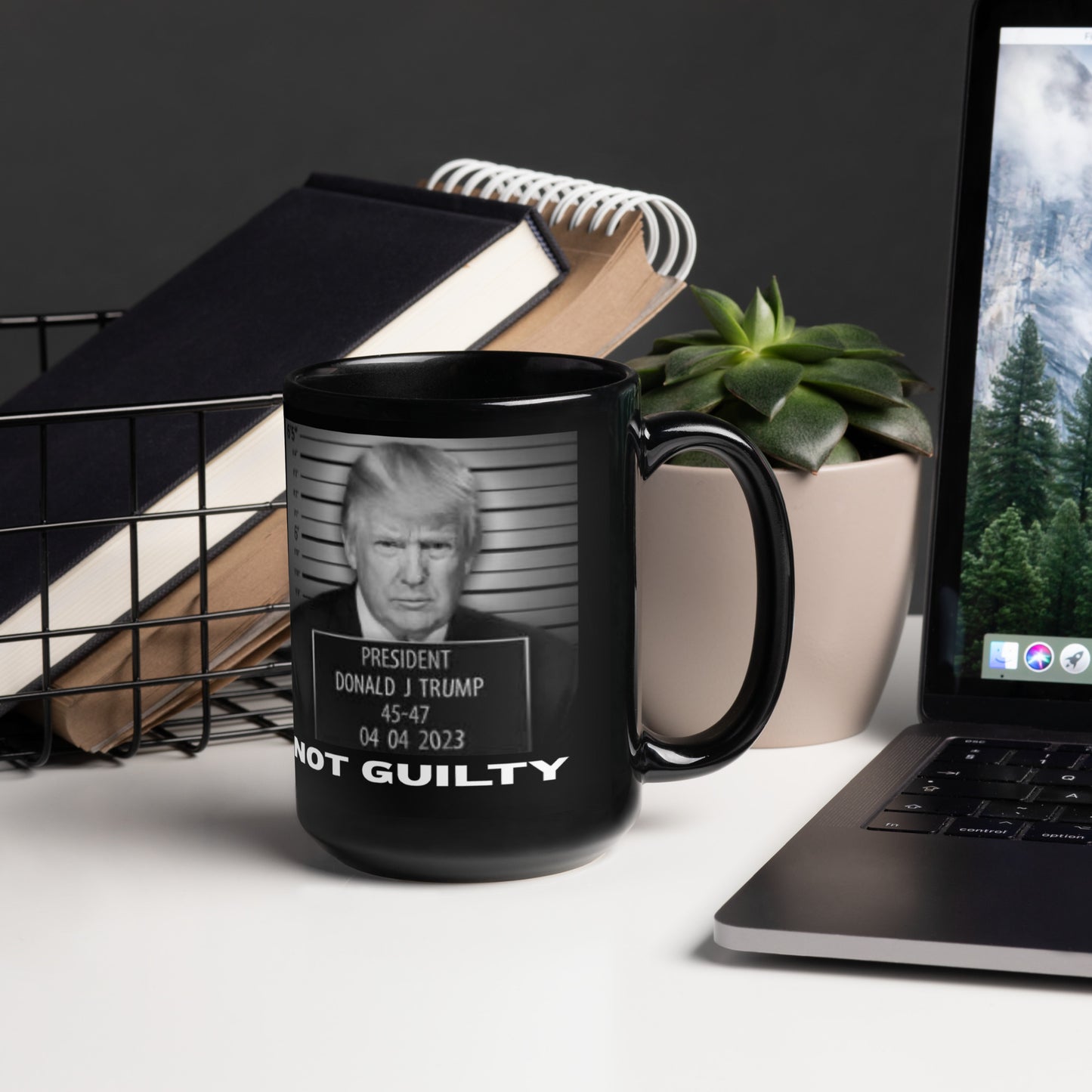 Trump Not Guilty " Faux" Mug Shot Black Glossy Mug