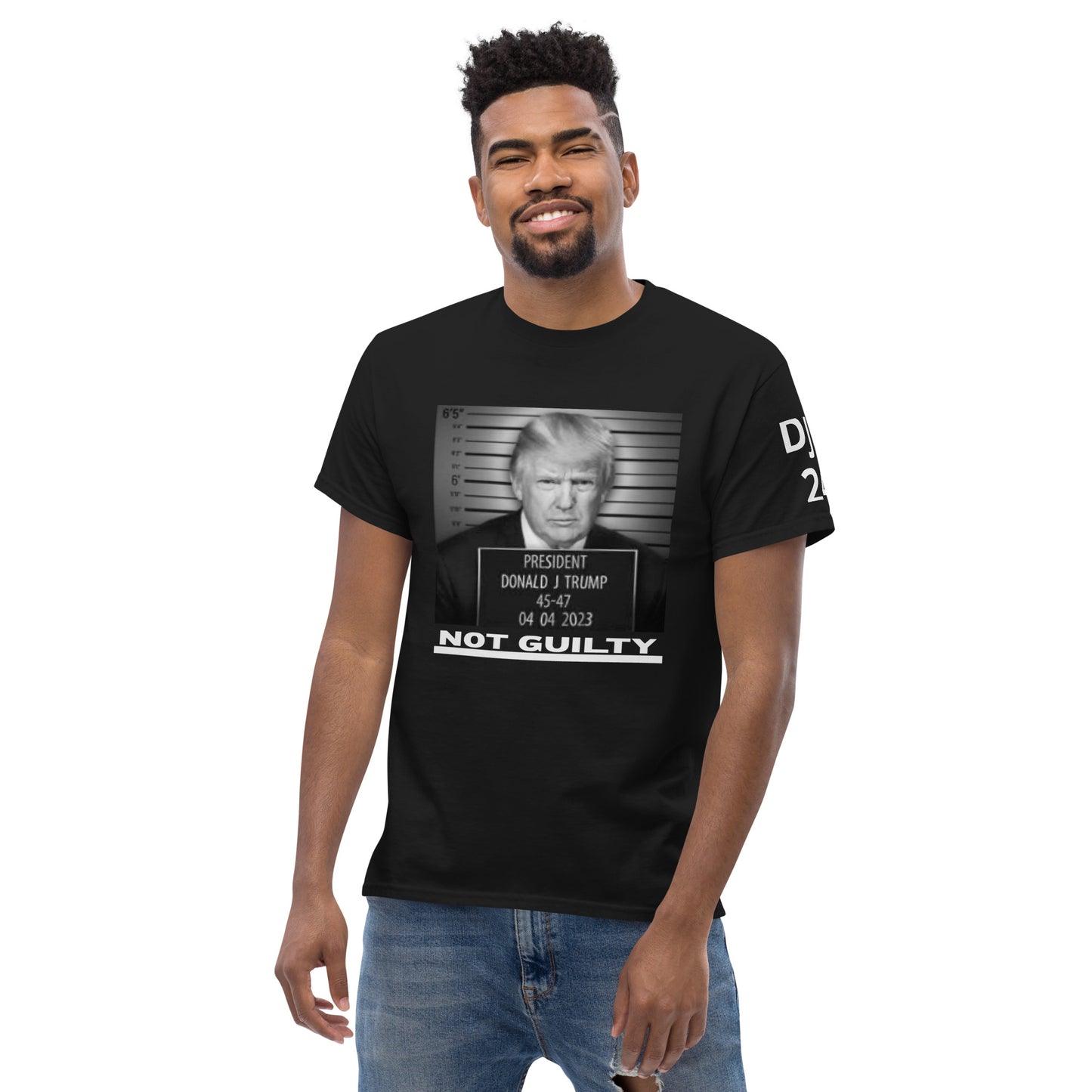 Trump Not Guilty "Faux" Mug Shot Men's classic tee w (DJT 24 on sleeve)