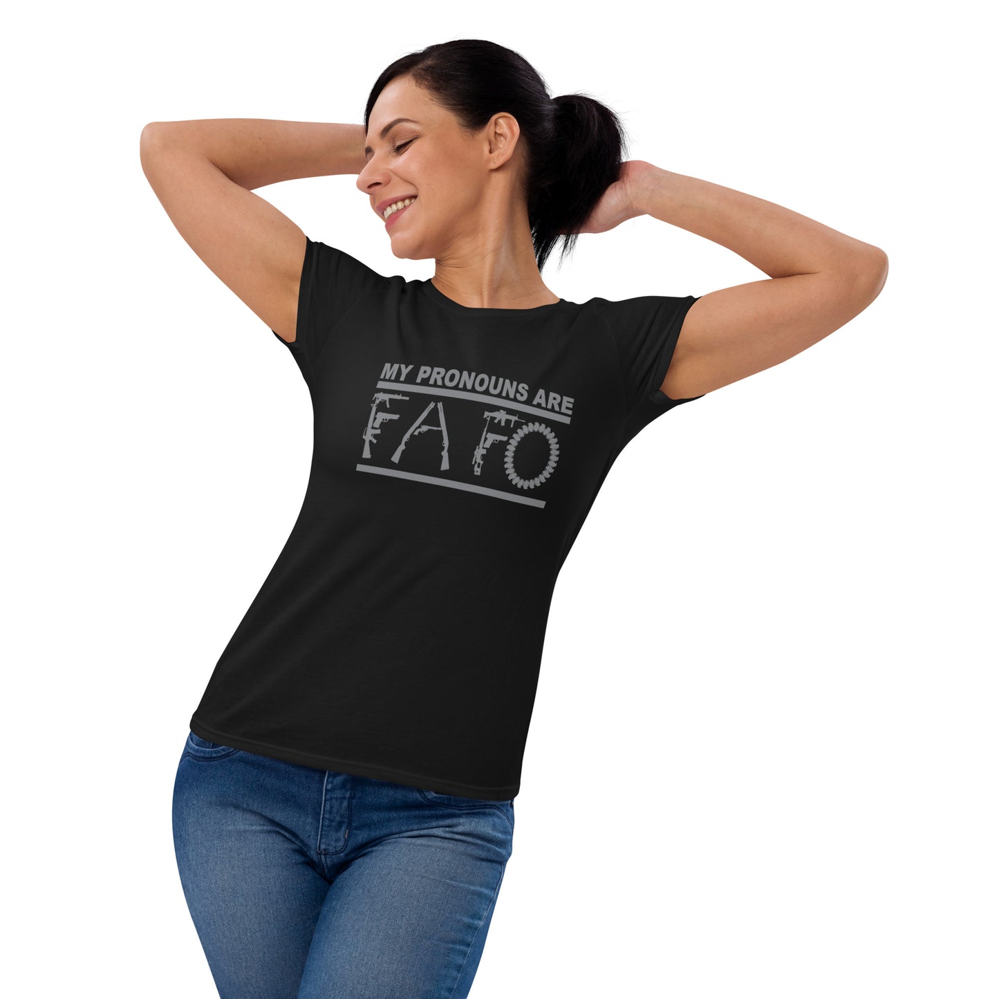 MY PRONOUNS ARE FAFO Women's short sleeve t-shirt (Gray Lettering)