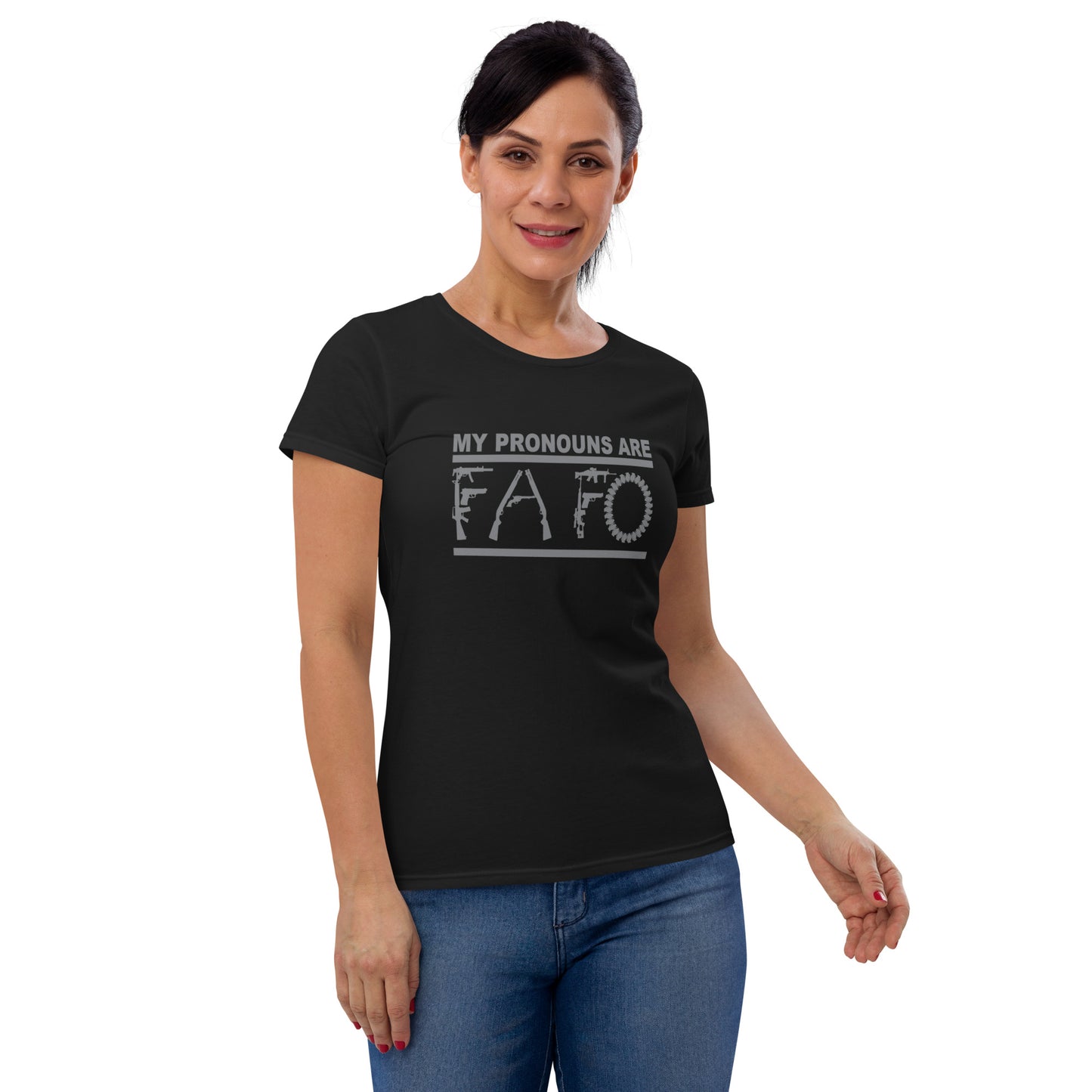 MY PRONOUNS ARE FAFO Women's short sleeve t-shirt (Gray Lettering)