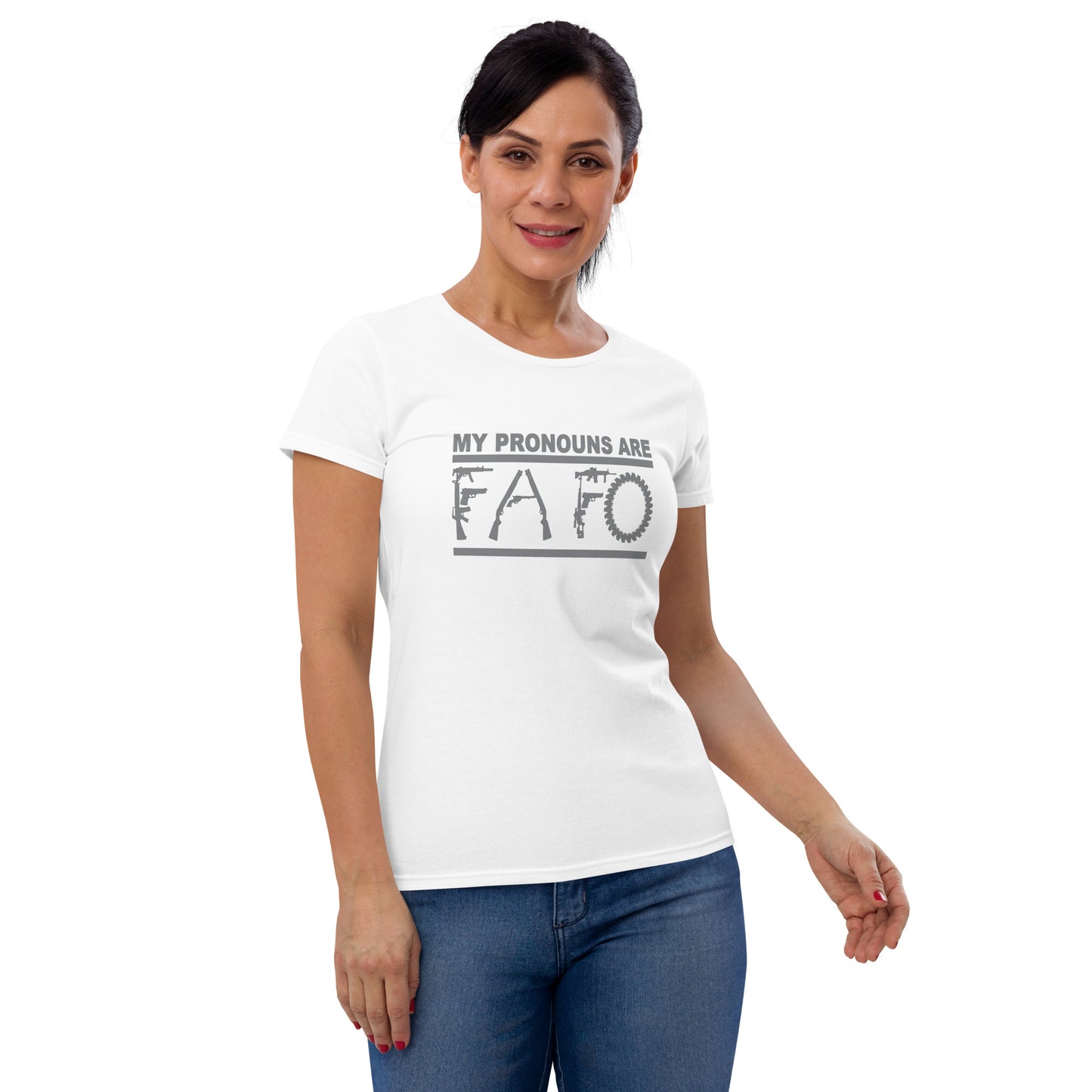 MY PRONOUNS ARE FAFO Women's short sleeve t-shirt (Gray Lettering)